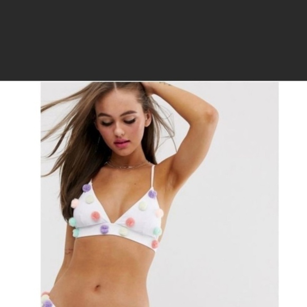 Lost Ink bikini top swimsuit pom pom triangle bra top Size XL boho festival NWT